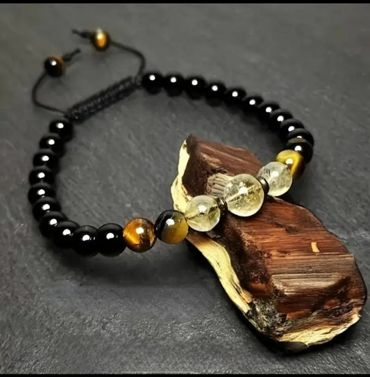 Bracelet pierres tourmaline  noire, œil de tigre citrine réglable